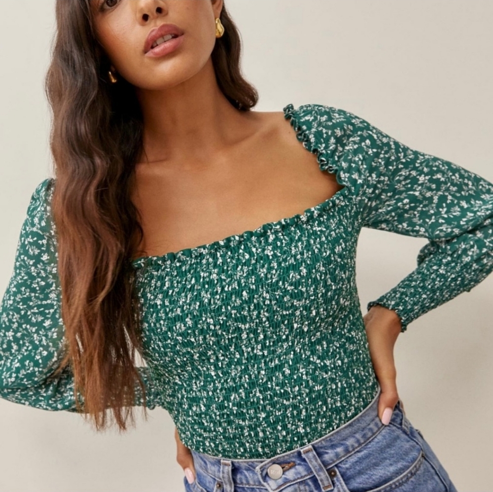 REFORMATION Square Neck, Smocked Bodice Long Sleeve  Hunter Green Floral Top